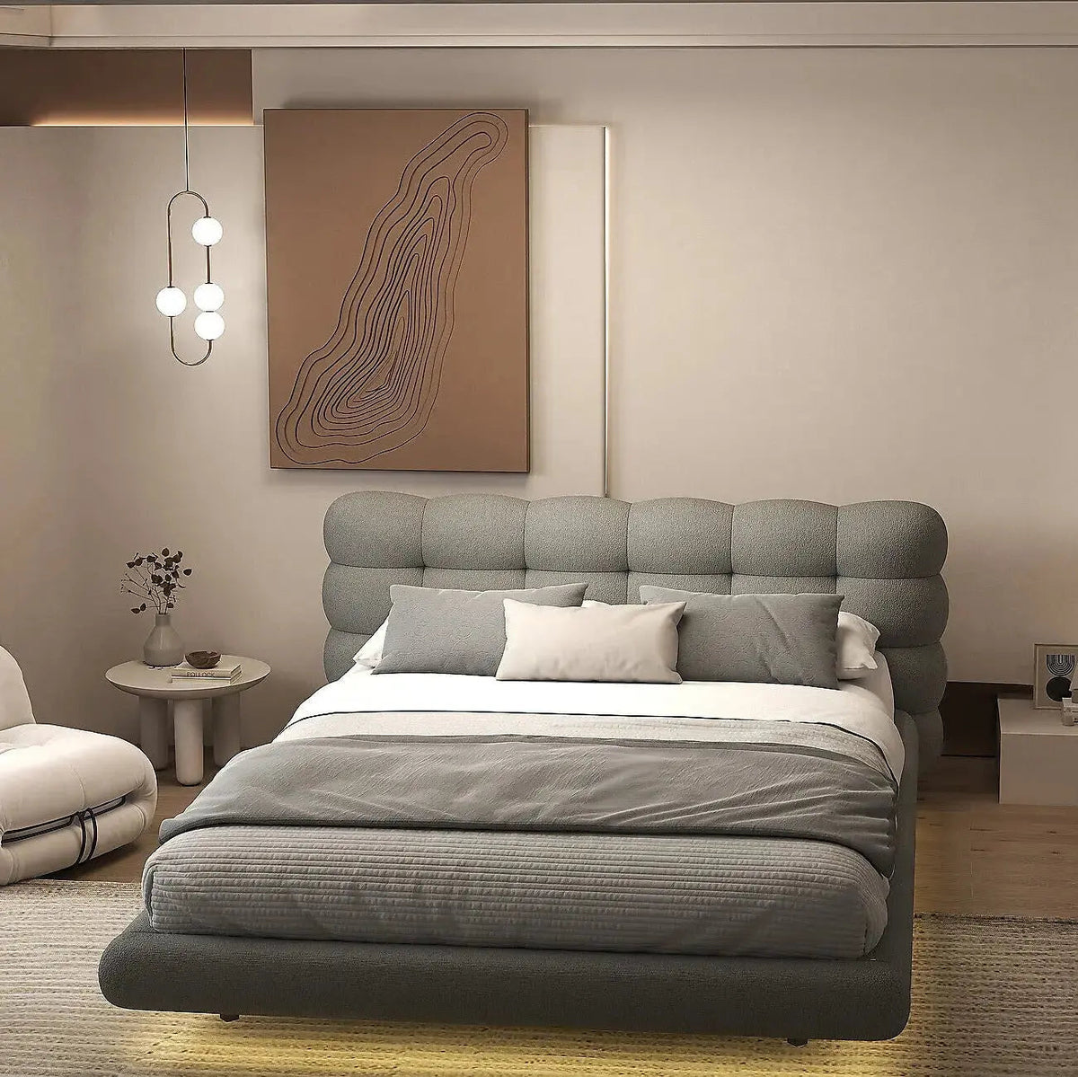 Pat dormitor dumonde, tapitat gri cu LED, "floating bed" Cloud 160x200 cm, somiera inclusa WLS