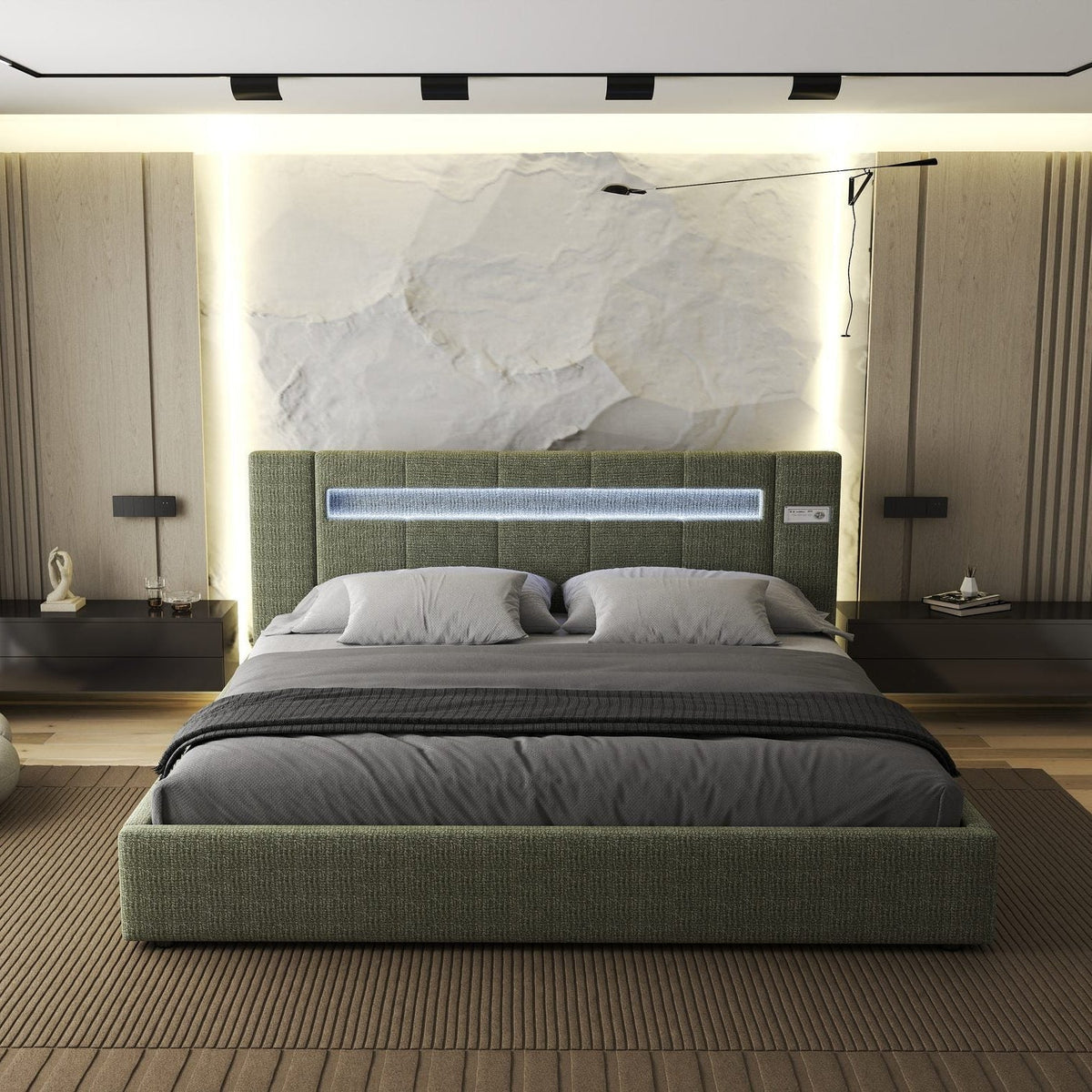 Pat dormitor dumonde, tapitat verde, Glow 180x200 cm, somiera rabatabila inclusa, spatiu depozitare Fabrica