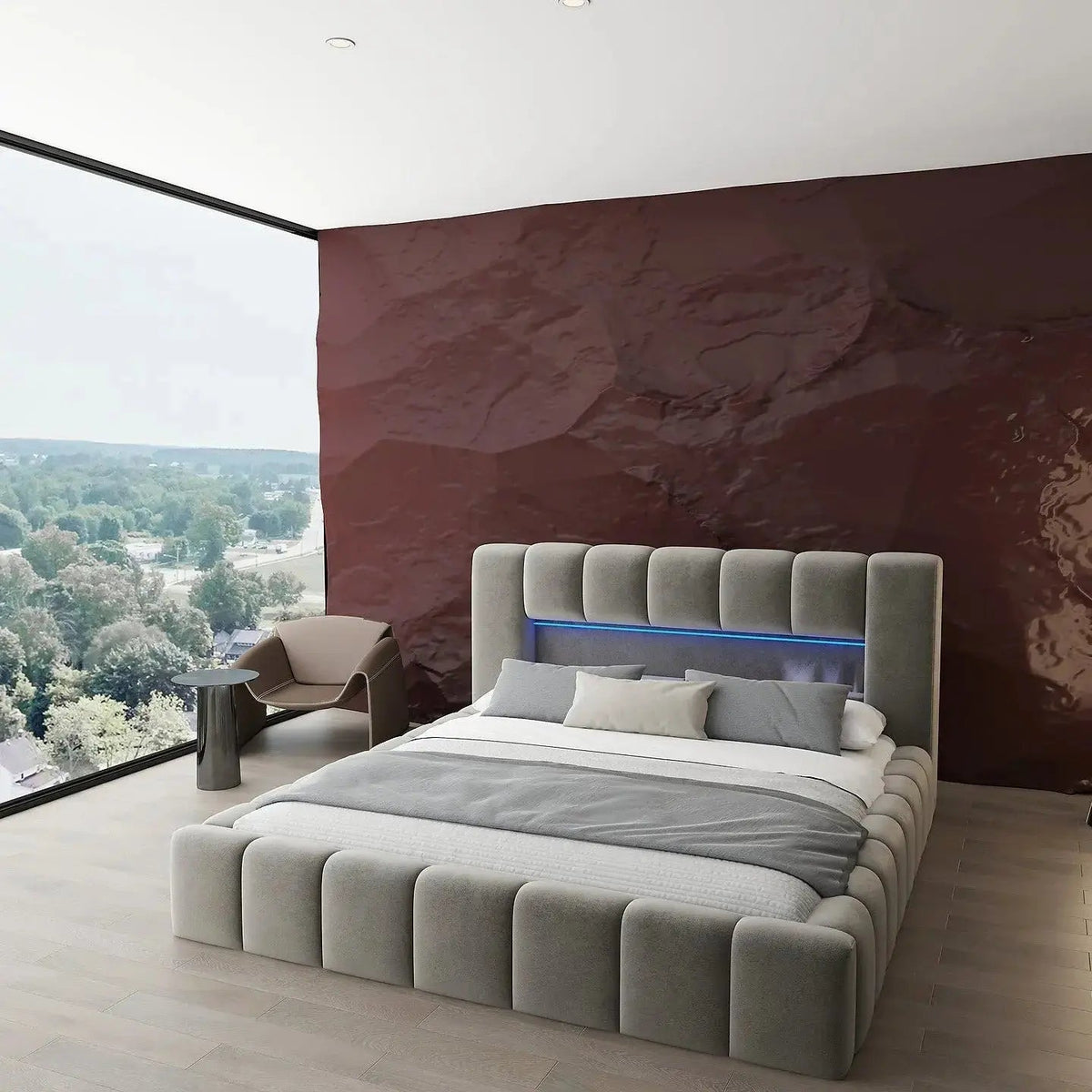 Pat dormitor dumonde, tapitat bej cu LED si USB, Palermo 160x200 cm, somiera rabatabila inclusa, spatiu depozitare WLS