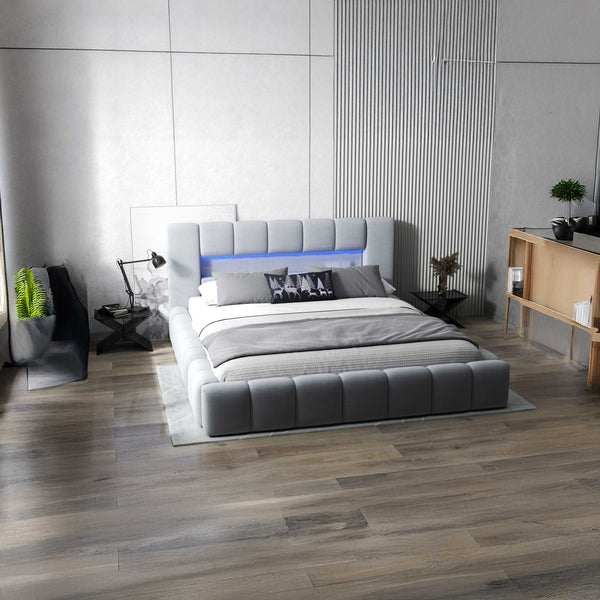 Pat dormitor dumonde, tapitat gri cu LED si USB, Palermo 140x200 cm, somiera rabatabila inclusa, spatiu depozitare WLS