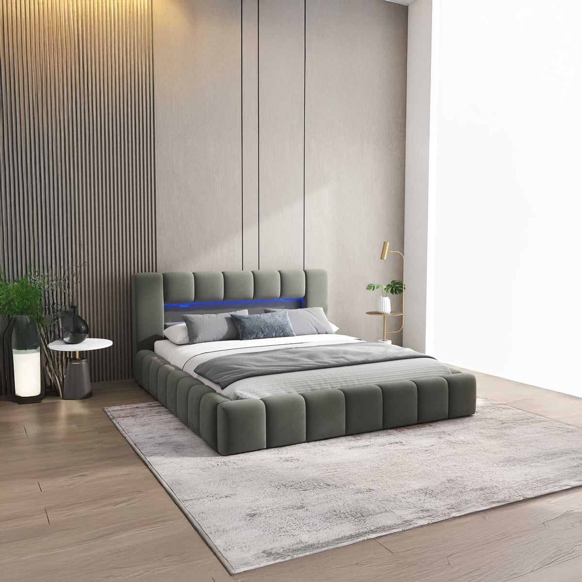 Pat dormitor dumonde, tapitat gri cu LED si USB, Palermo 140x200 cm, somiera rabatabila inclusa, spatiu depozitare WLS