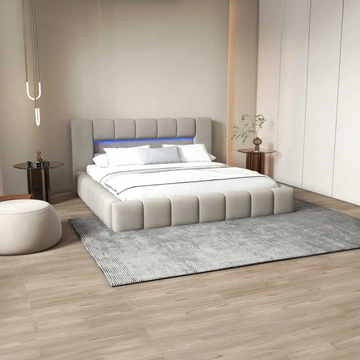 Pat dormitor dumonde, tapitat gri cu LED si USB, Palermo 140x200 cm, somiera rabatabila inclusa, spatiu depozitare WLS