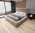 Pat dormitor dumonde, tapitat bej, Palermo Floating 160x200 cm, LED si USB, somiera inclusa