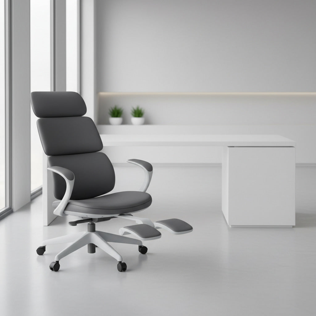 Scaun ergonomic profesional modern Neo Grey dumonde, cotiere ultra moi, mecanism multifunctional inclinare/blocare, suport picioare, gri