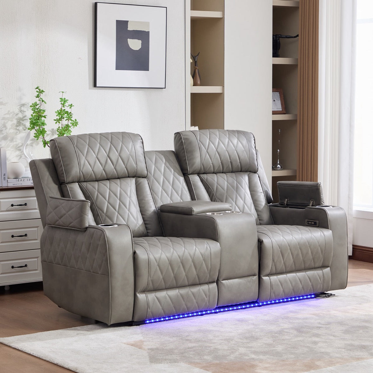 Canapea dumonde, reclinere electrice, incarcare wireless, USB-C, suport pahare incalzite, lumini LED Selvar 185x97 cm