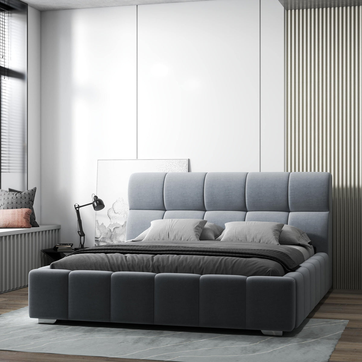Pat dormitor dumonde, tapitat gri, Prestige 160x200 cm, somiera rabatabila inclusa, spatiu depozitare WLS