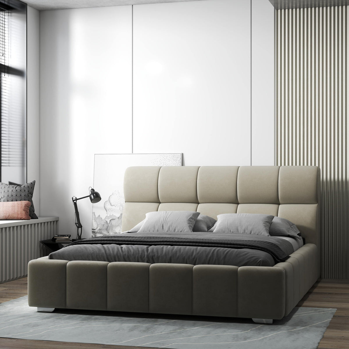 Pat dormitor dumonde, tapitat bej, Prestige 160x200 cm, somiera rabatabila inclusa, spatiu depozitare WLS