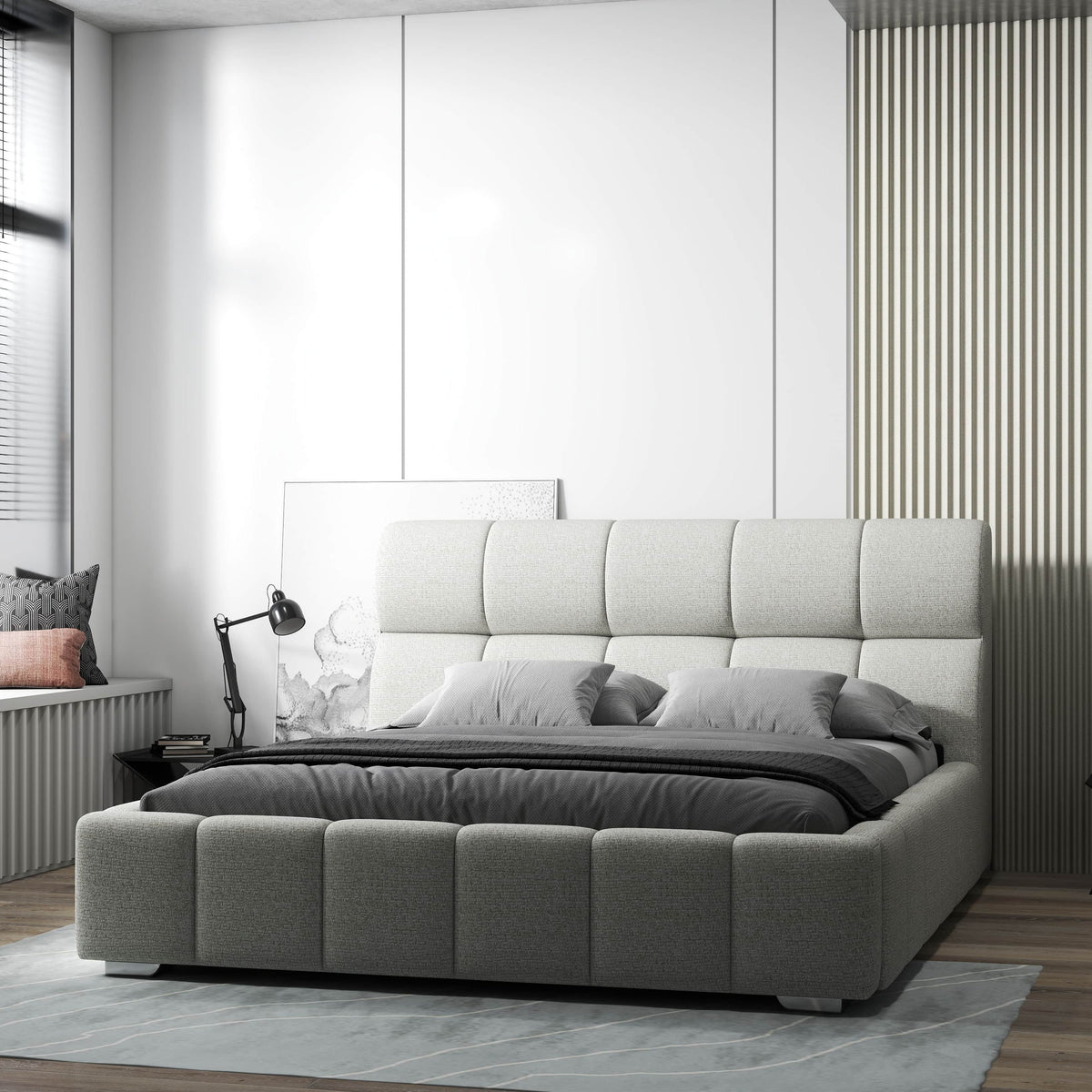 Pat dormitor dumonde, tapitat bej, Prestige 180x200 cm, somiera rabatabila inclusa, spatiu depozitare WLS