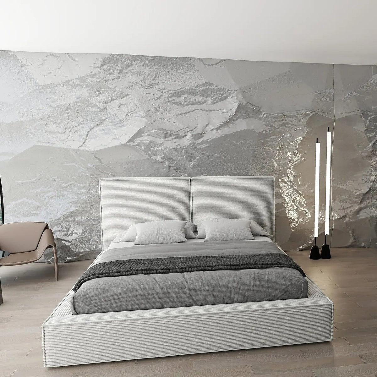 Pat dormitor dumonde, tapitat bej, Dreamer 160x200 cm, somiera rabatabila inclusa, spatiu depozitare WLS
