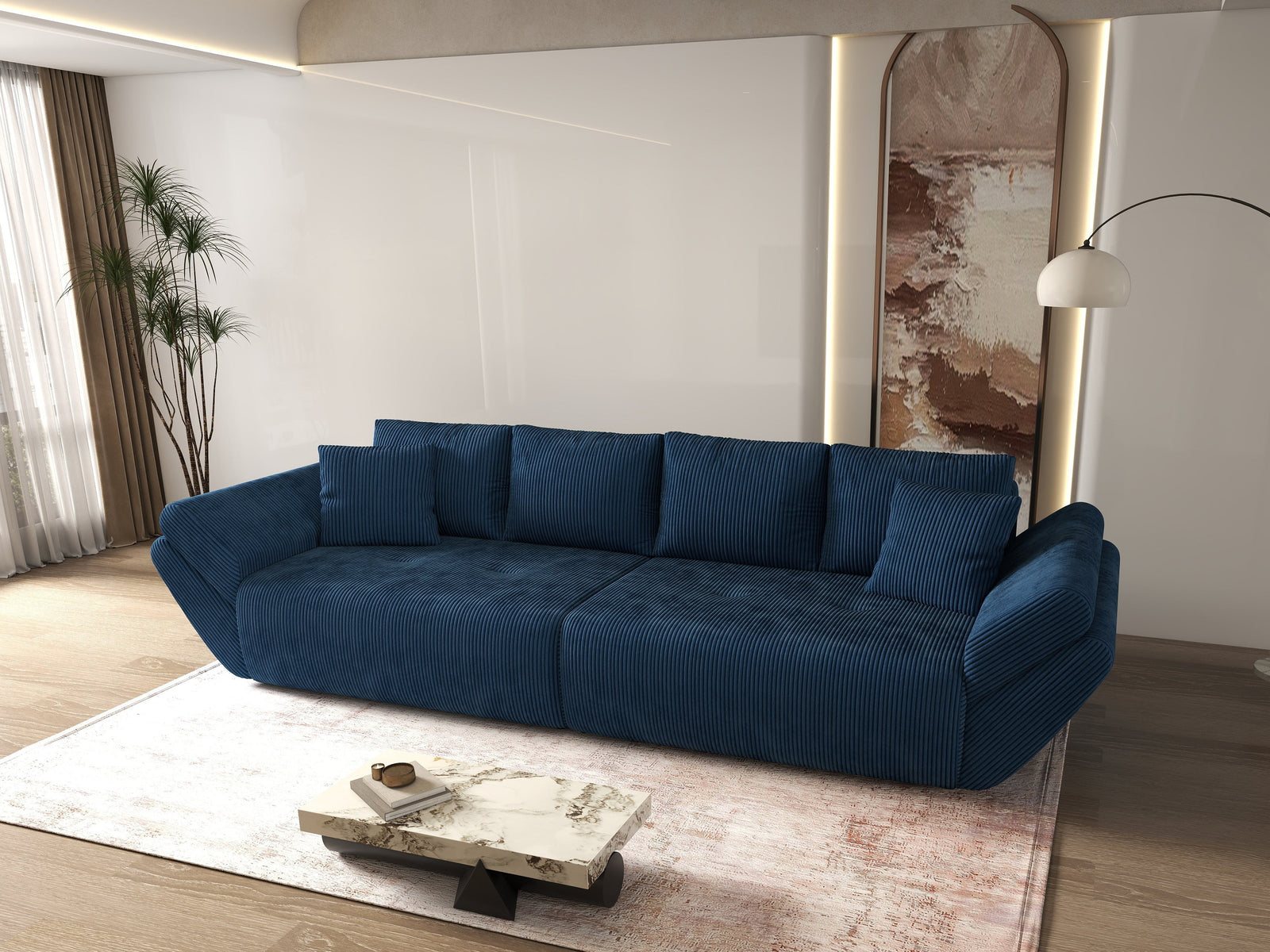 Canapea extensibilă dumonde cu ladă de depozitare si sezut confortabil din spuma HR, Berlin Zoom Blue 300x100 cm Fabrica