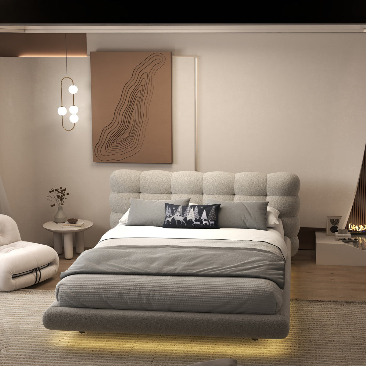 Pat dormitor dumonde, tapitat bej cu LED, "floating bed" Cloud 160x200 cm, somiera inclusa WLS
