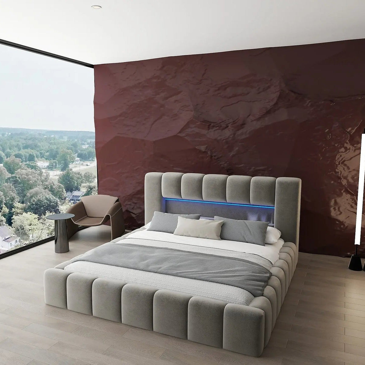 Pat dormitor dumonde, tapitat bej cu LED si USB, Palermo 180x200 cm, somiera rabatabila inclusa, spatiu depozitare WLS