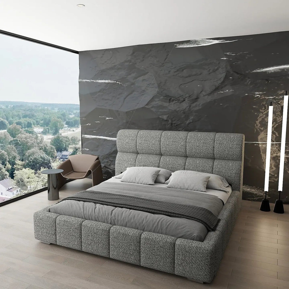 Pat dormitor dumonde, tapitat bej, Prestige 180x200 cm, somiera rabatabila inclusa, spatiu depozitare WLS