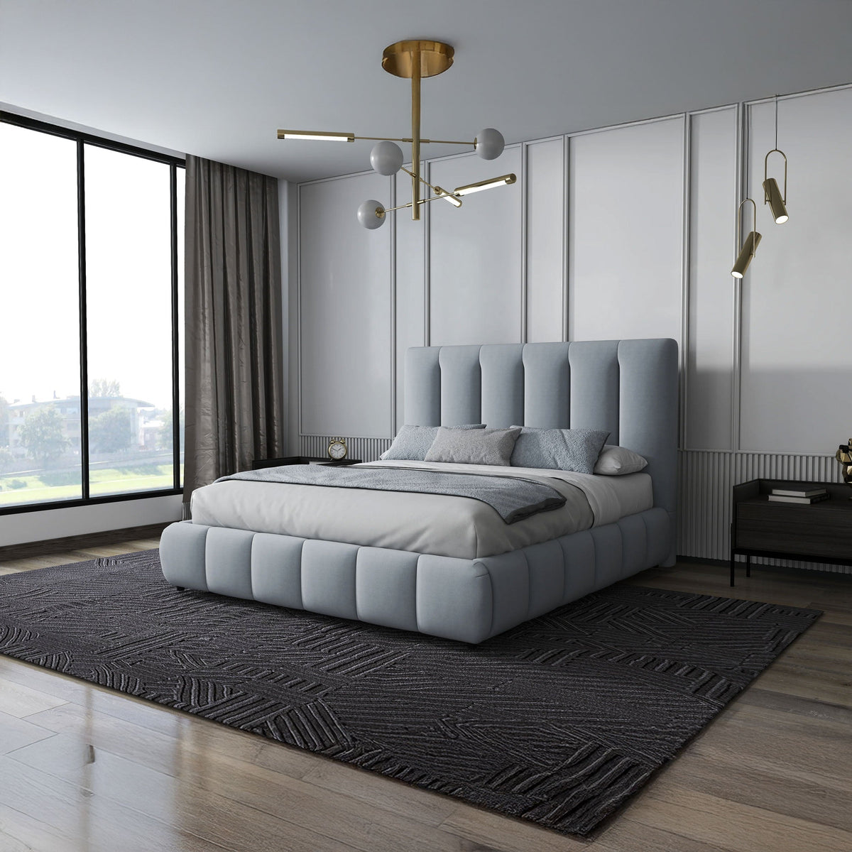 Pat dormitor dumonde, tapitat gri, Divaneo 160x200 cm, somiera rabatabila inclusa, spatiu depozitare WLS