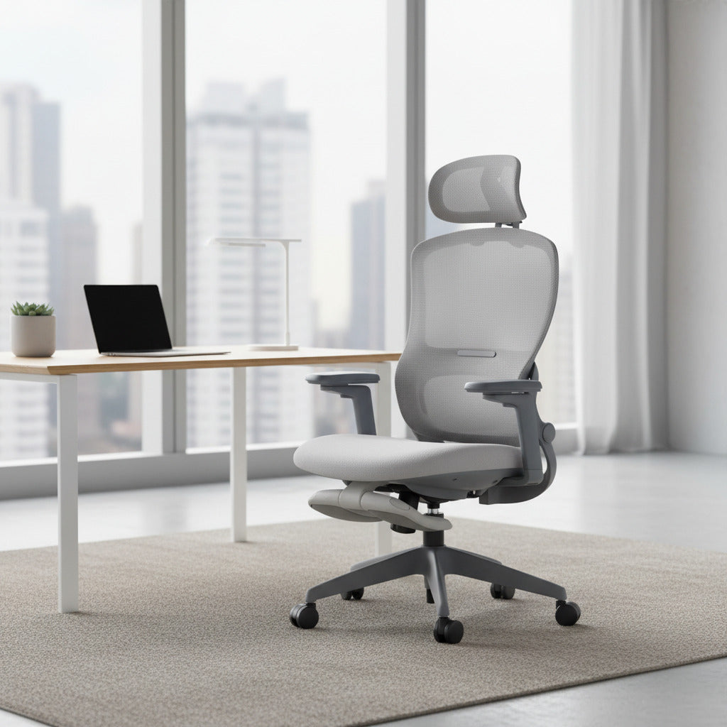 Scaun ergonomic profesional Aero 2 dumonde cu tetiera reglabila 3D, suport lombar mesh, cotiere 3D ultra moi, mecanism multifunctional inclinare/blocare, suport picoare, gri