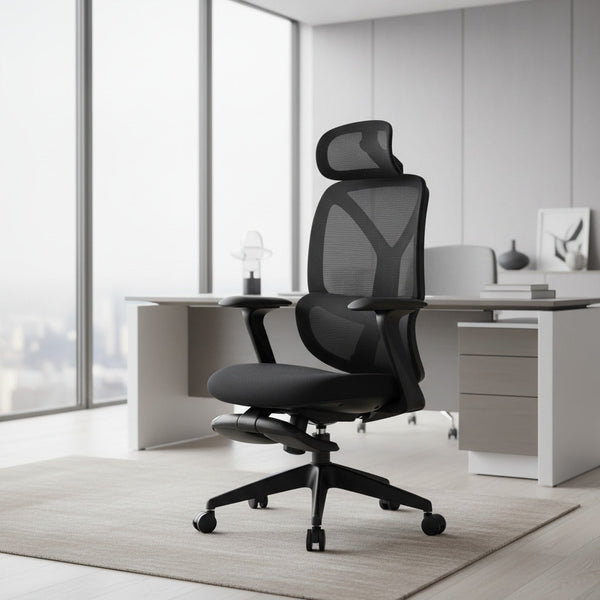 Scaun ergonomic profesional Nova dumonde cu tetiera reglabila 3D, suport lombar mesh, cotiere 3D ultra moi, mecanism multifunctional inclinare/blocare, suport picoare, negru