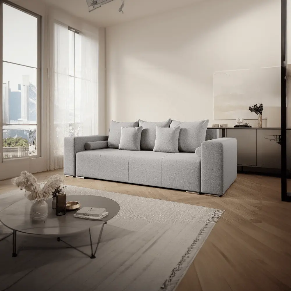 Canapea extensibilă dumonde cu ladă de depozitare si sezut confortabil din spuma HR, Marbela New Grey 245x100 cm Fabrica