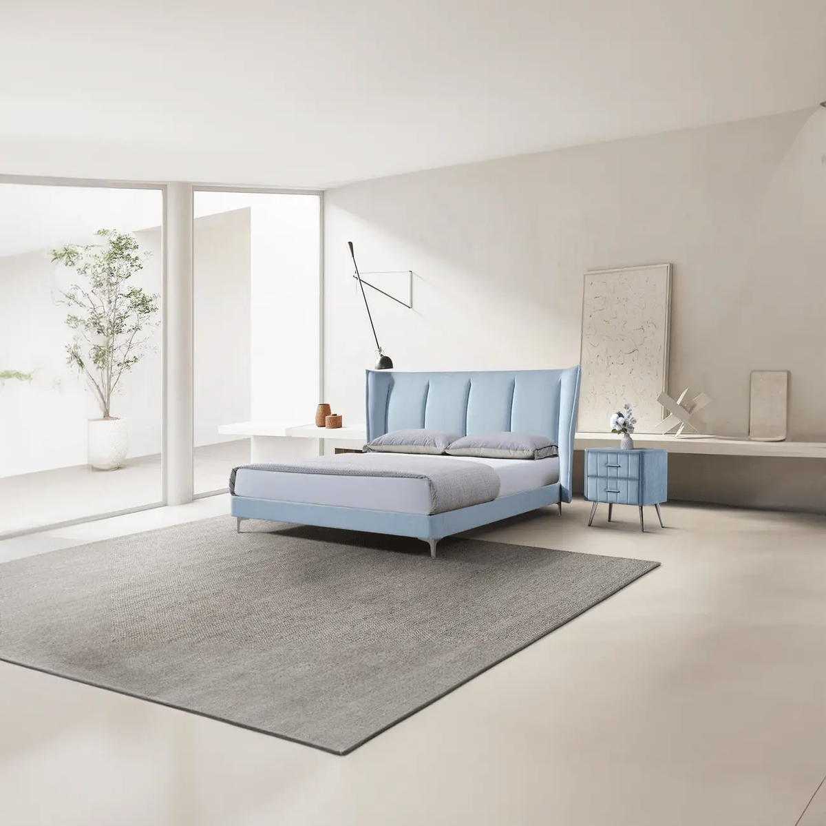 Pat dormitor dumonde, tapitat albastru, Phoenix 180x200 cm, somiera inclusa CRNB