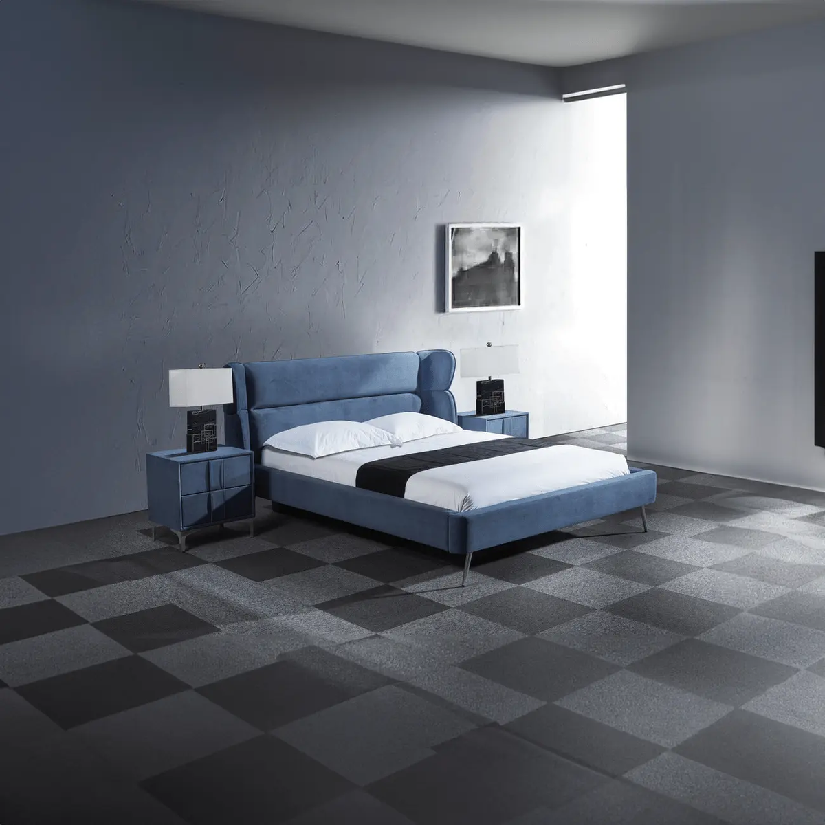 Pat dormitor dumonde, tapitat albastru, Sierra 180x200 cm, somiera inclusa CRNB