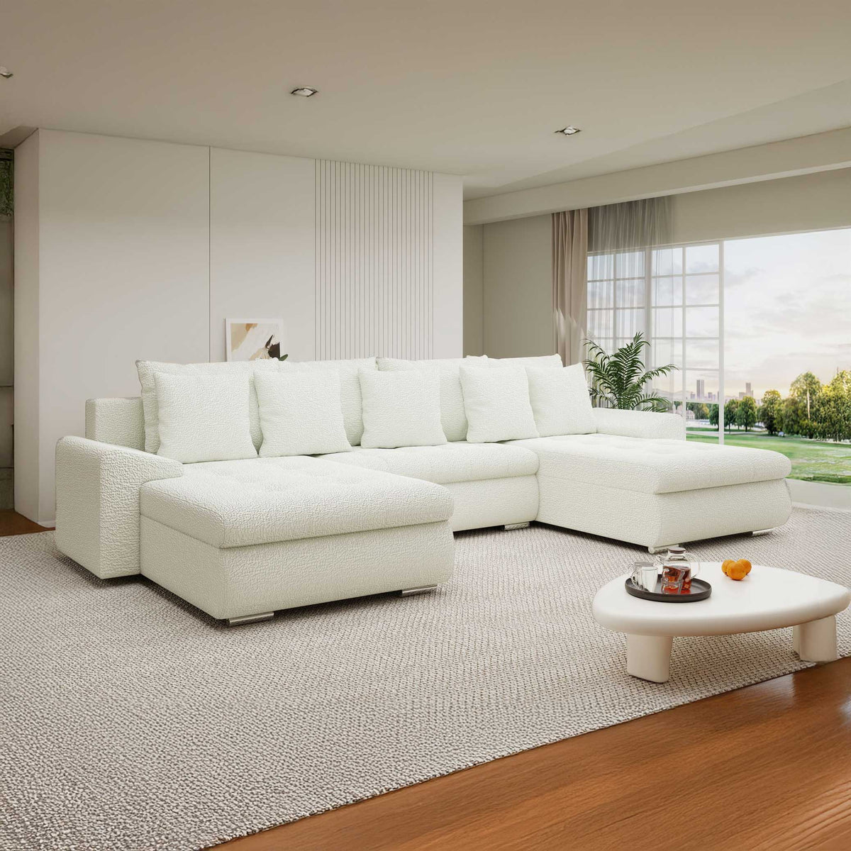 Colțar extensibil dumonde cu ladă de depozitare si sezut confortabil din spuma high-density, Leonardo U Jaguar Ivory 01 360x185 cm