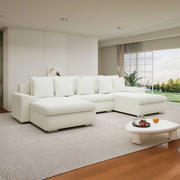 Colțar extensibil dumonde cu ladă de depozitare si sezut confortabil din spuma high-density, Leonardo U Jaguar Ivory 01 360x185 cm