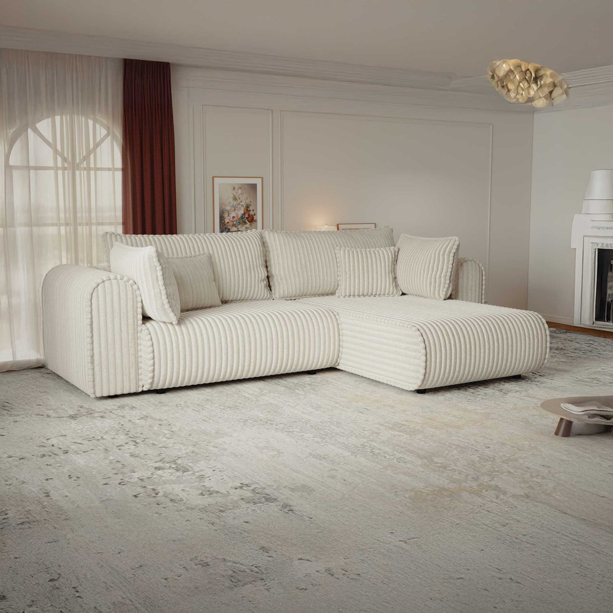 Colțar extensibil dumonde cu ladă de depozitare si sezut confortabil din spuma high-density, Monaco L Tilia Crem II 270x100 cm
