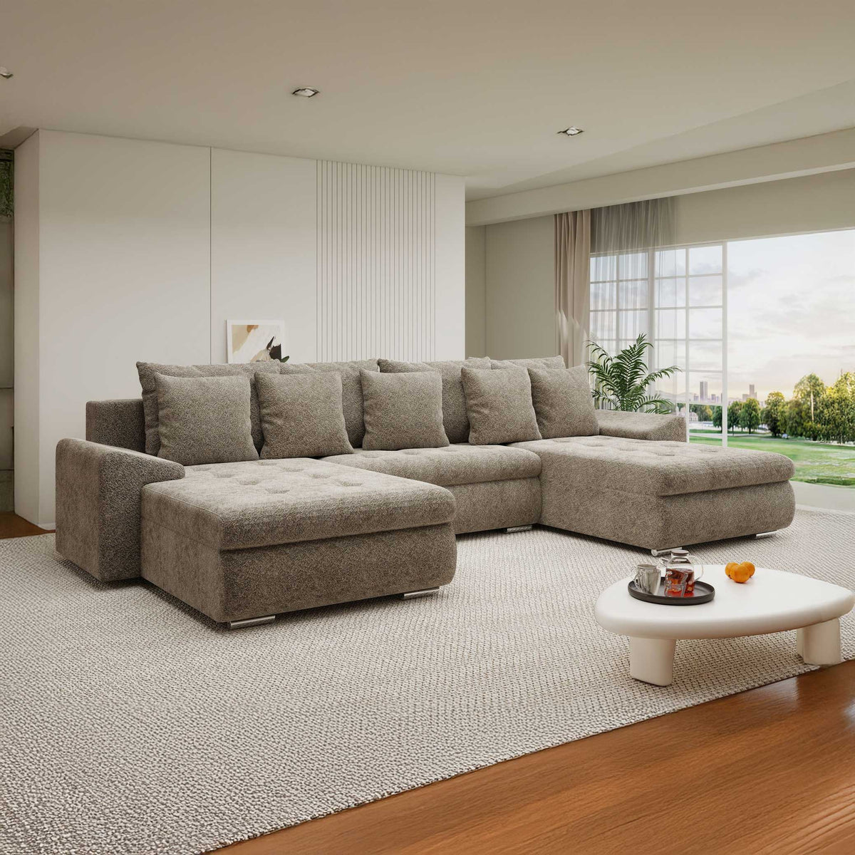 Colțar extensibil dumonde cu ladă de depozitare si sezut confortabil din spuma high-density, Leonardo U Arena Bej 04 360x185 cm