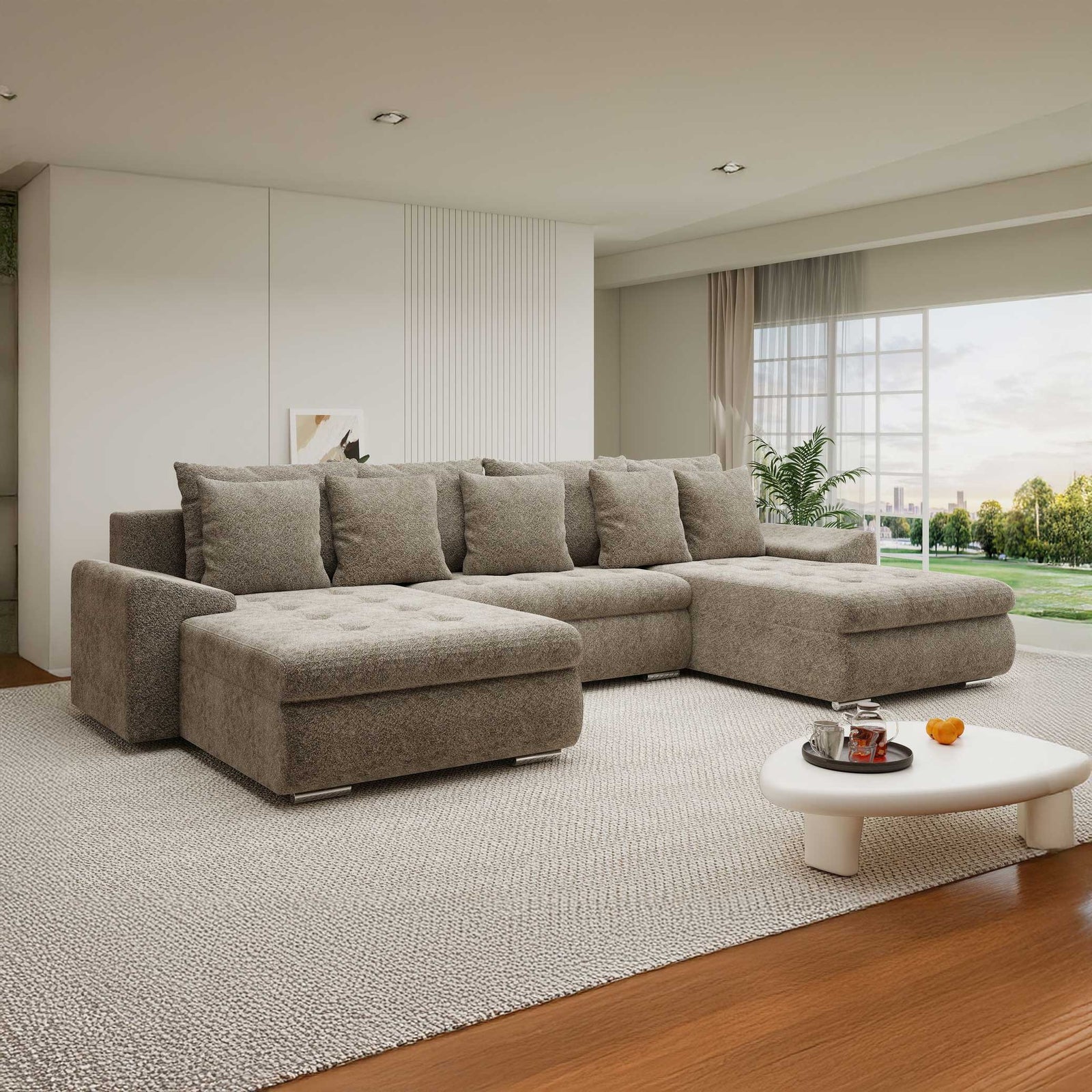 Colțar extensibil dumonde cu ladă de depozitare si sezut confortabil din spuma high-density, Leonardo U Arena Bej 04 360x185 cm