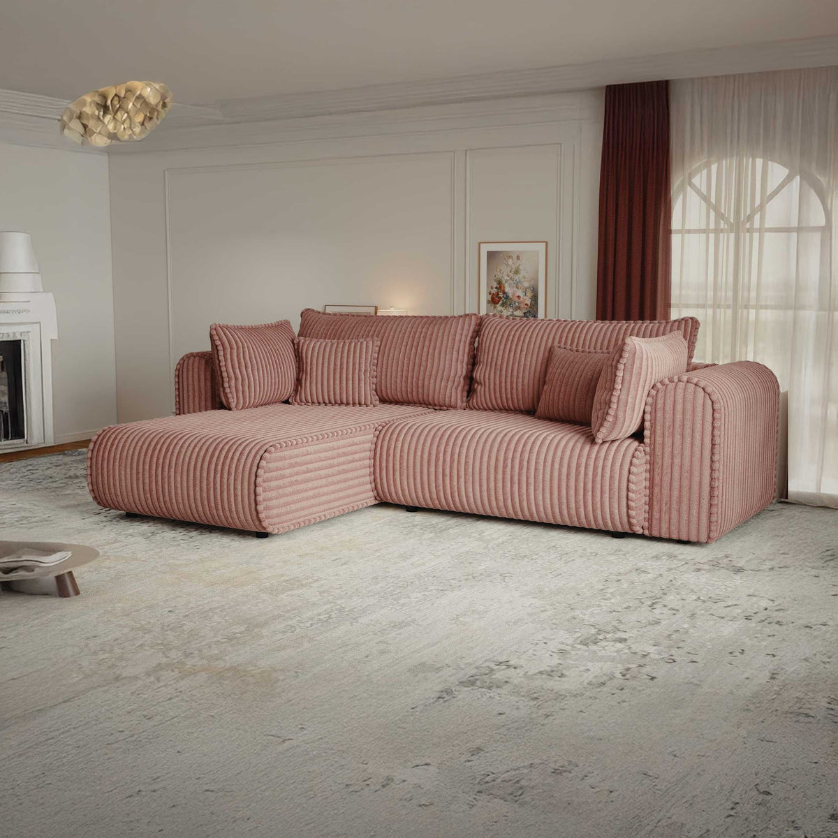 Colțar extensibil dumonde cu ladă de depozitare si sezut confortabil din spuma high-density, Monaco L Tilia Roz 270x100 cm
