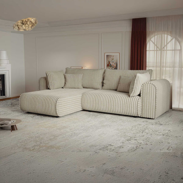 Colțar extensibil dumonde cu ladă de depozitare si sezut confortabil din spuma high-density, Monaco L Tilia Bej 270x100 cm