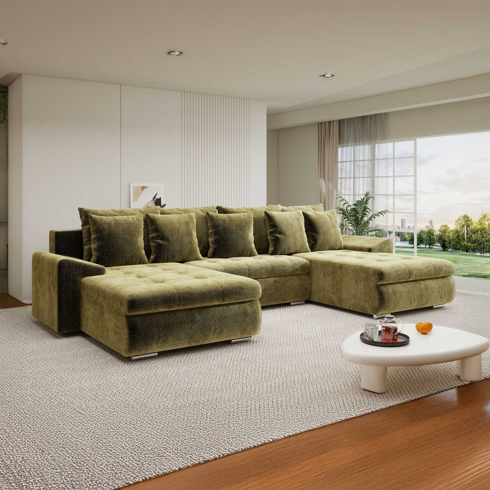 Colțar extensibil dumonde cu ladă de depozitare si sezut confortabil din spuma high-density, Leonardo U Cremona Olive 38 360x185 cm