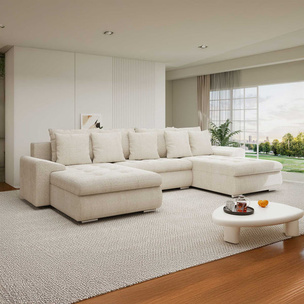 Colțar extensibil dumonde cu ladă de depozitare si sezut confortabil din spuma high-density, Leonardo U Cremona Gri Deschis 02 360x185 cm