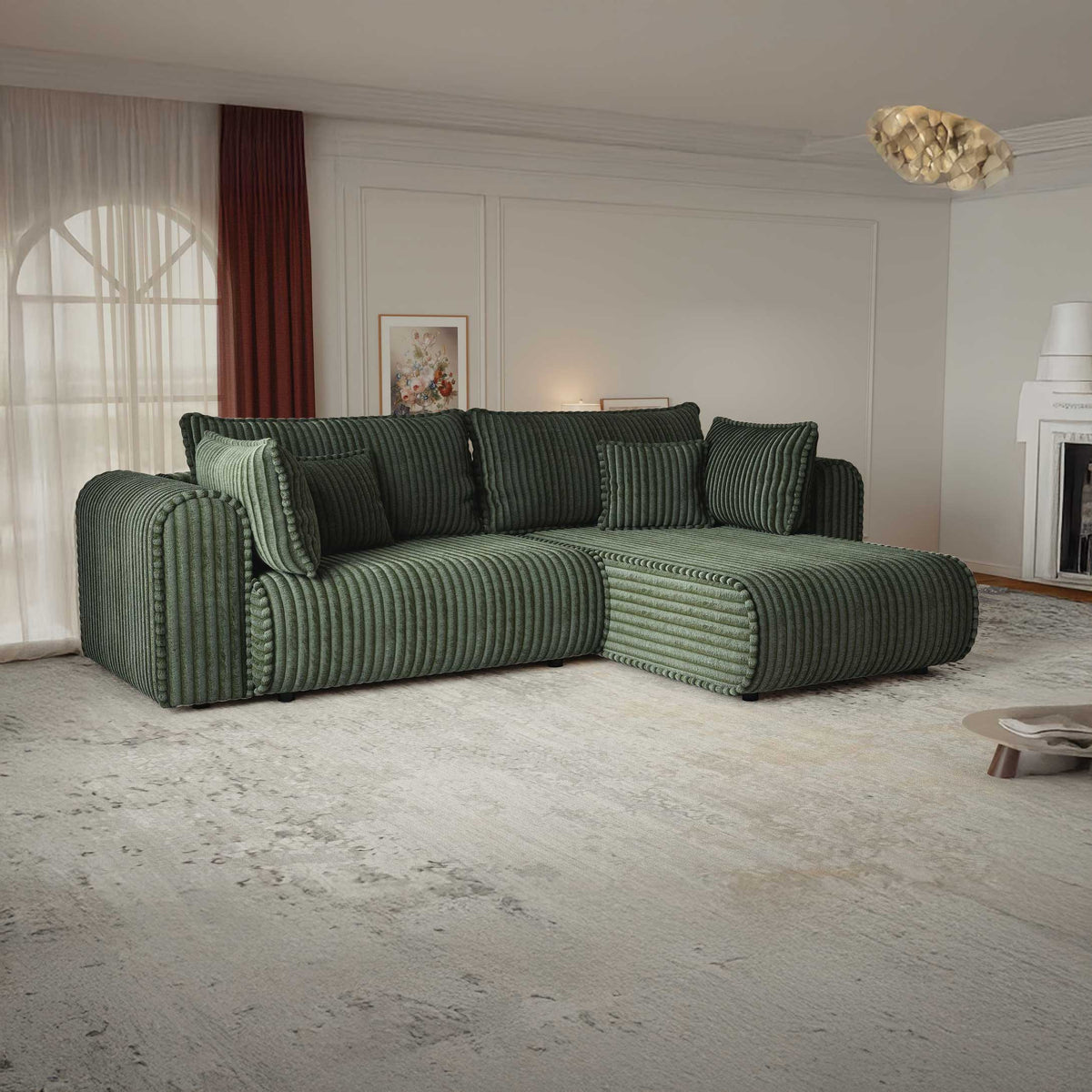 Colțar extensibil dumonde cu ladă de depozitare si sezut confortabil din spuma high-density, Monaco L Tilia Verde II 270x100 cm