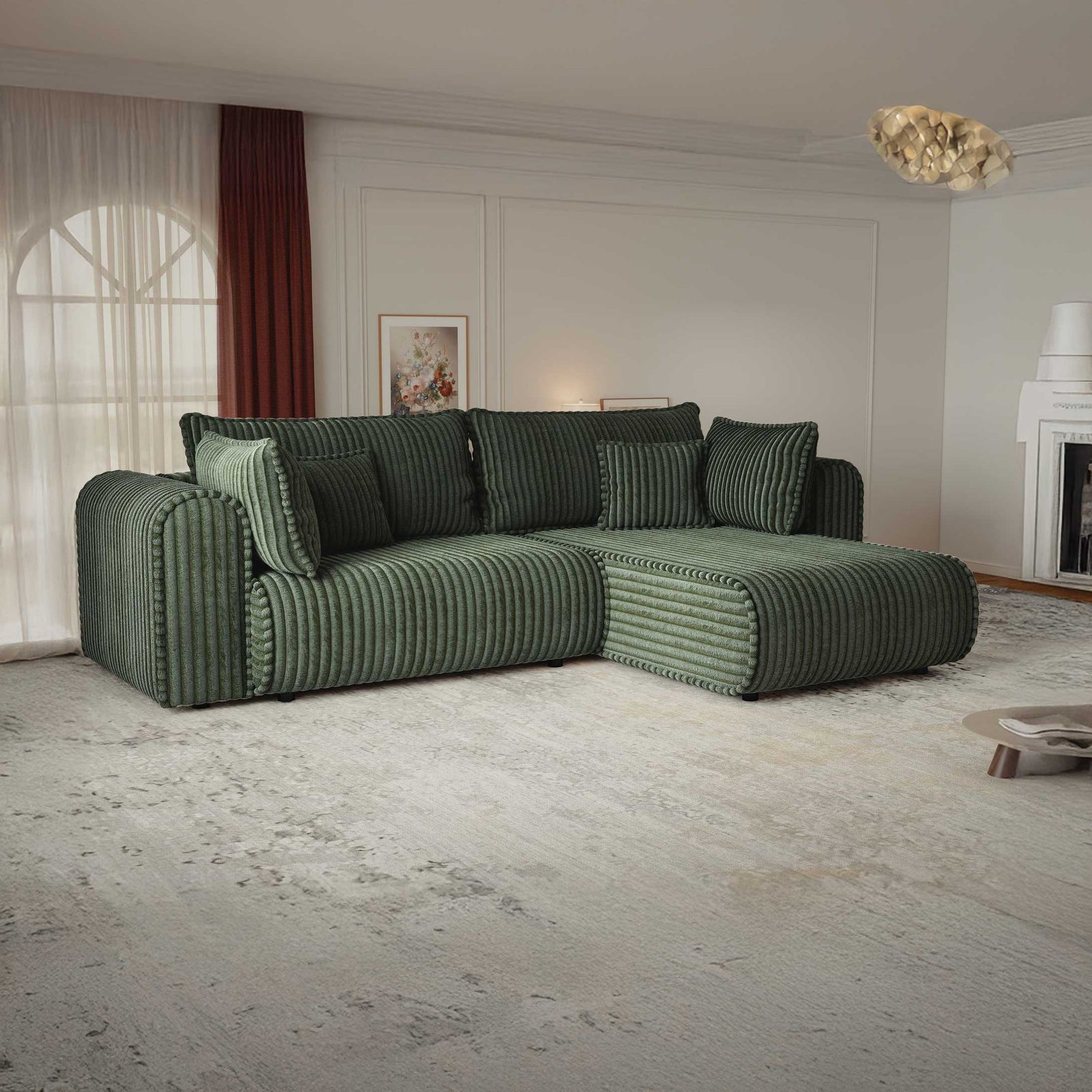 Colțar extensibil dumonde cu ladă de depozitare si sezut confortabil din spuma high-density, Monaco L Tilia Verde II 270x100 cm