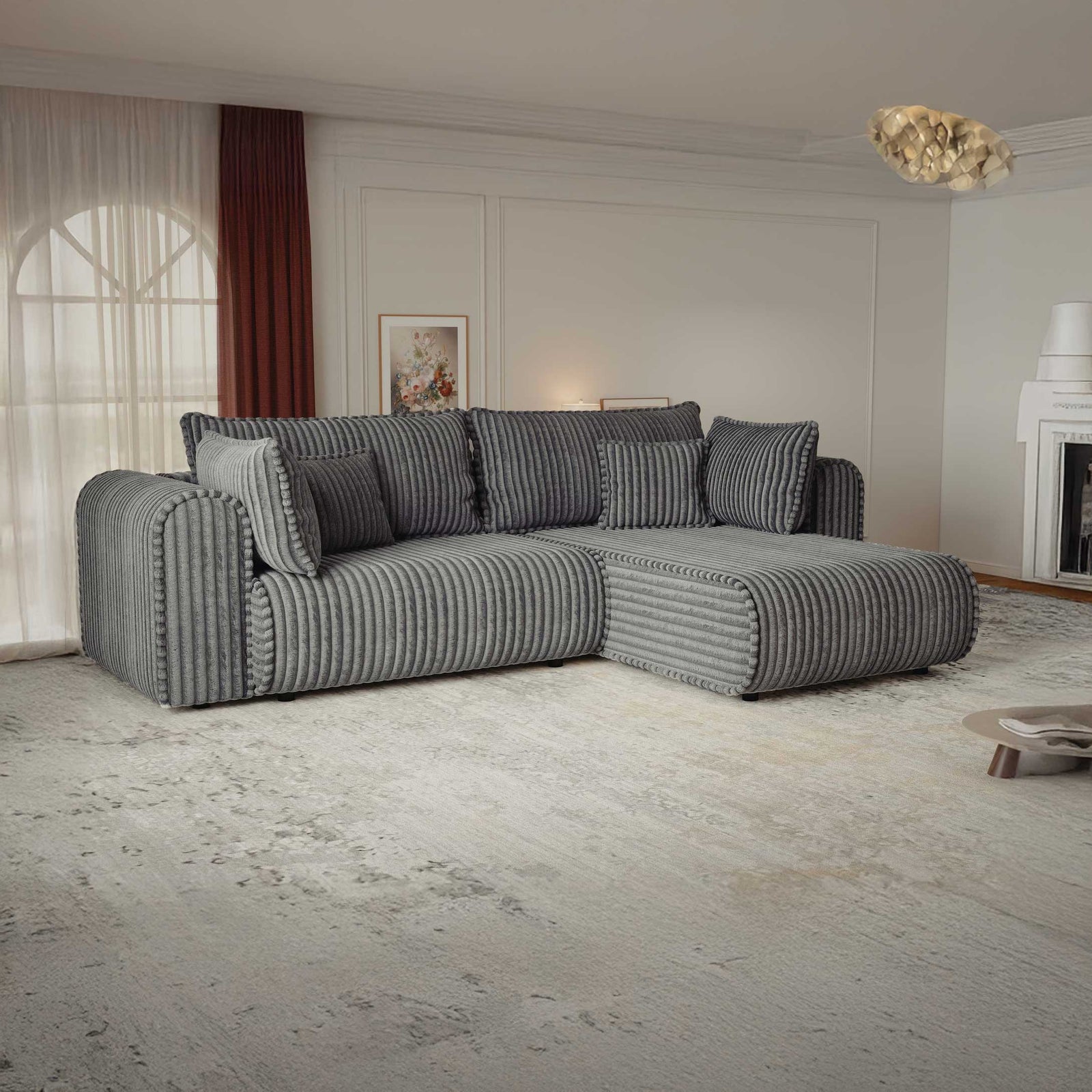 Colțar extensibil dumonde cu ladă de depozitare si sezut confortabil din spuma high-density, Monaco L Tilia Grafit II 270x100 cm