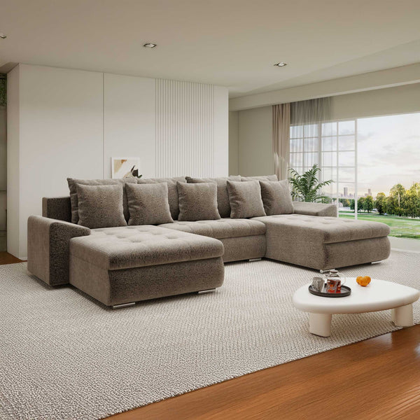 Colțar extensibil dumonde cu ladă de depozitare si sezut confortabil din spuma high-density, Leonardo U Jaguar Maro Cappuccino 08 360x185 cm
