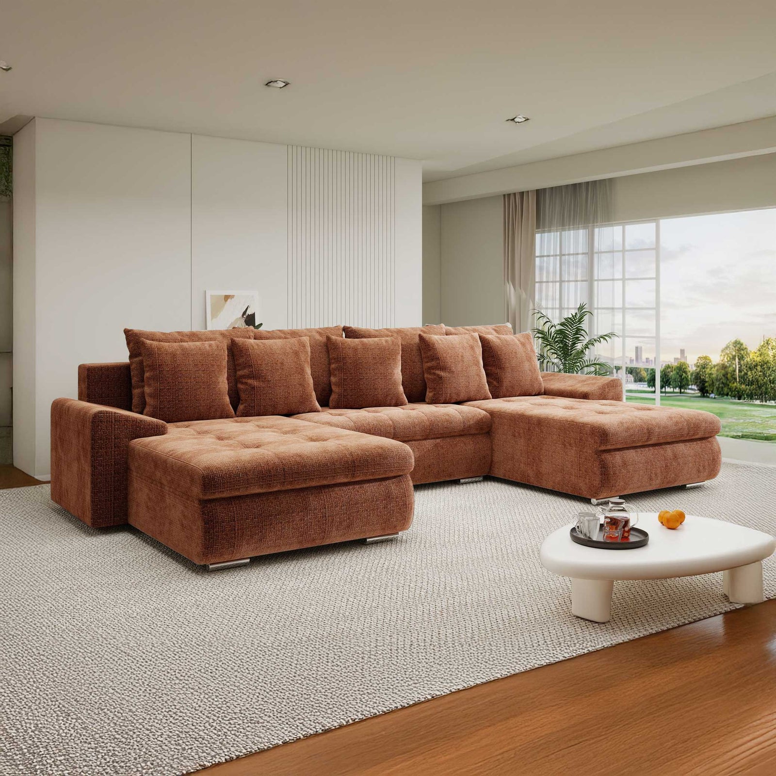 Colțar extensibil dumonde cu ladă de depozitare si sezut confortabil din spuma high-density, Leonardo U Cremona Teracota 52 360x185 cm