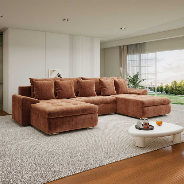 Colțar extensibil dumonde cu ladă de depozitare si sezut confortabil din spuma high-density, Leonardo U Cremona Teracota 52 360x185 cm