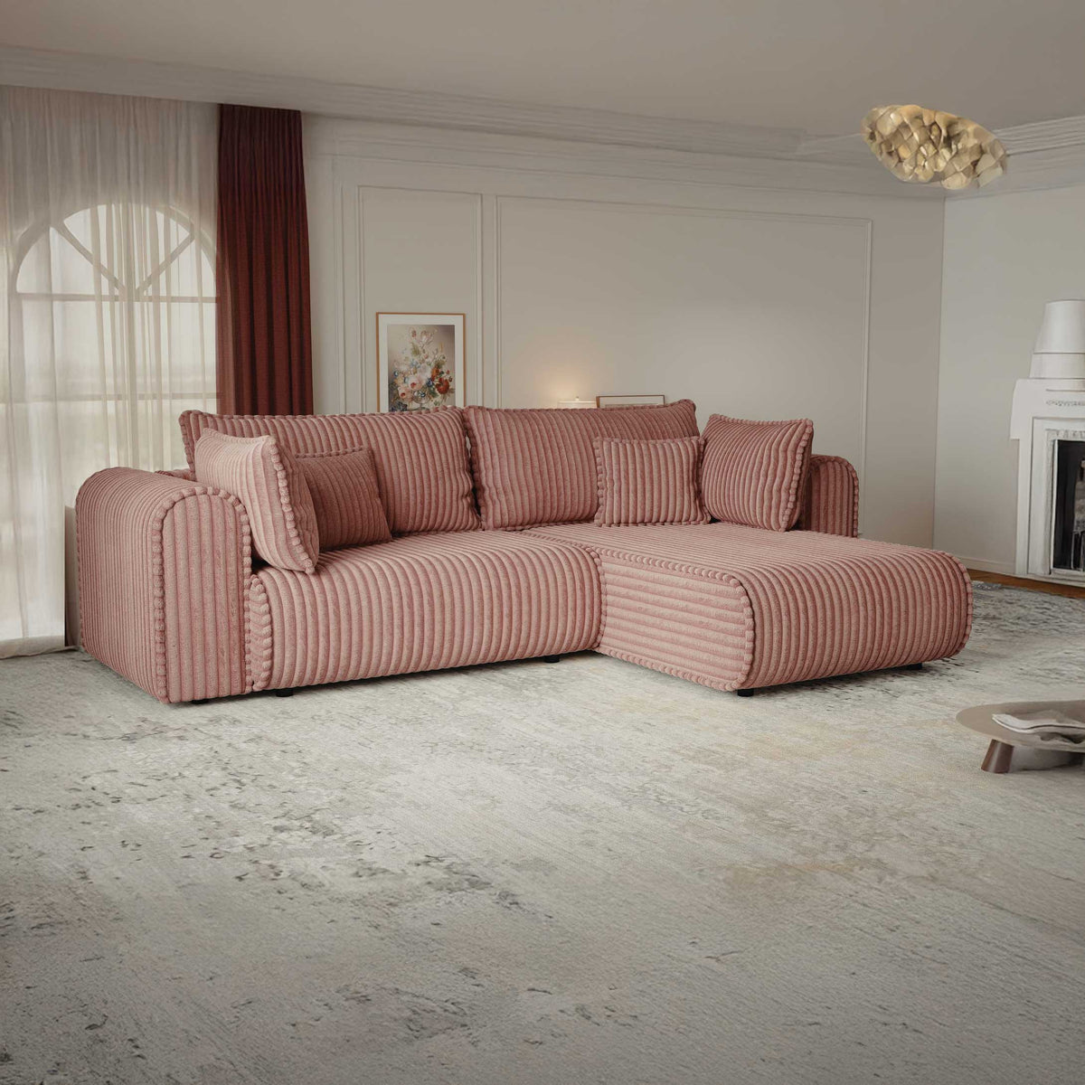 Colțar extensibil dumonde cu ladă de depozitare si sezut confortabil din spuma high-density, Monaco L Tilia Roz II 270x100 cm