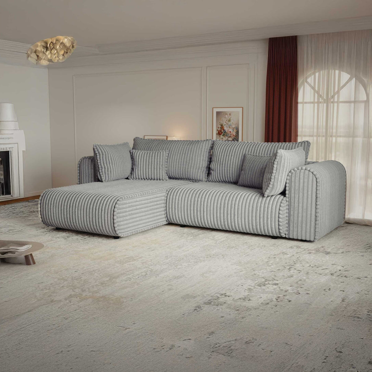 Colțar extensibil dumonde cu ladă de depozitare si sezut confortabil din spuma high-density, Monaco L Tilia Dove 270x100 cm