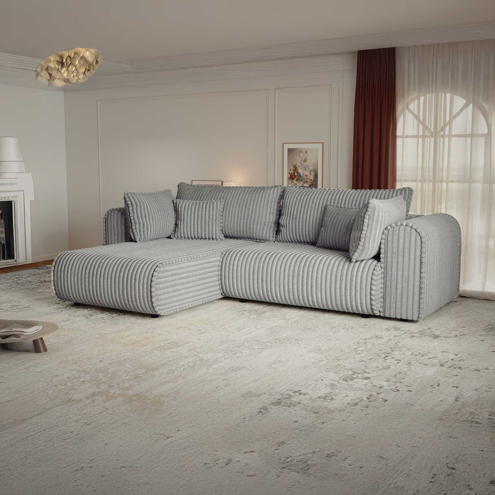 Colțar extensibil dumonde cu ladă de depozitare si sezut confortabil din spuma high-density, Monaco L Tilia Dove 270x100 cm
