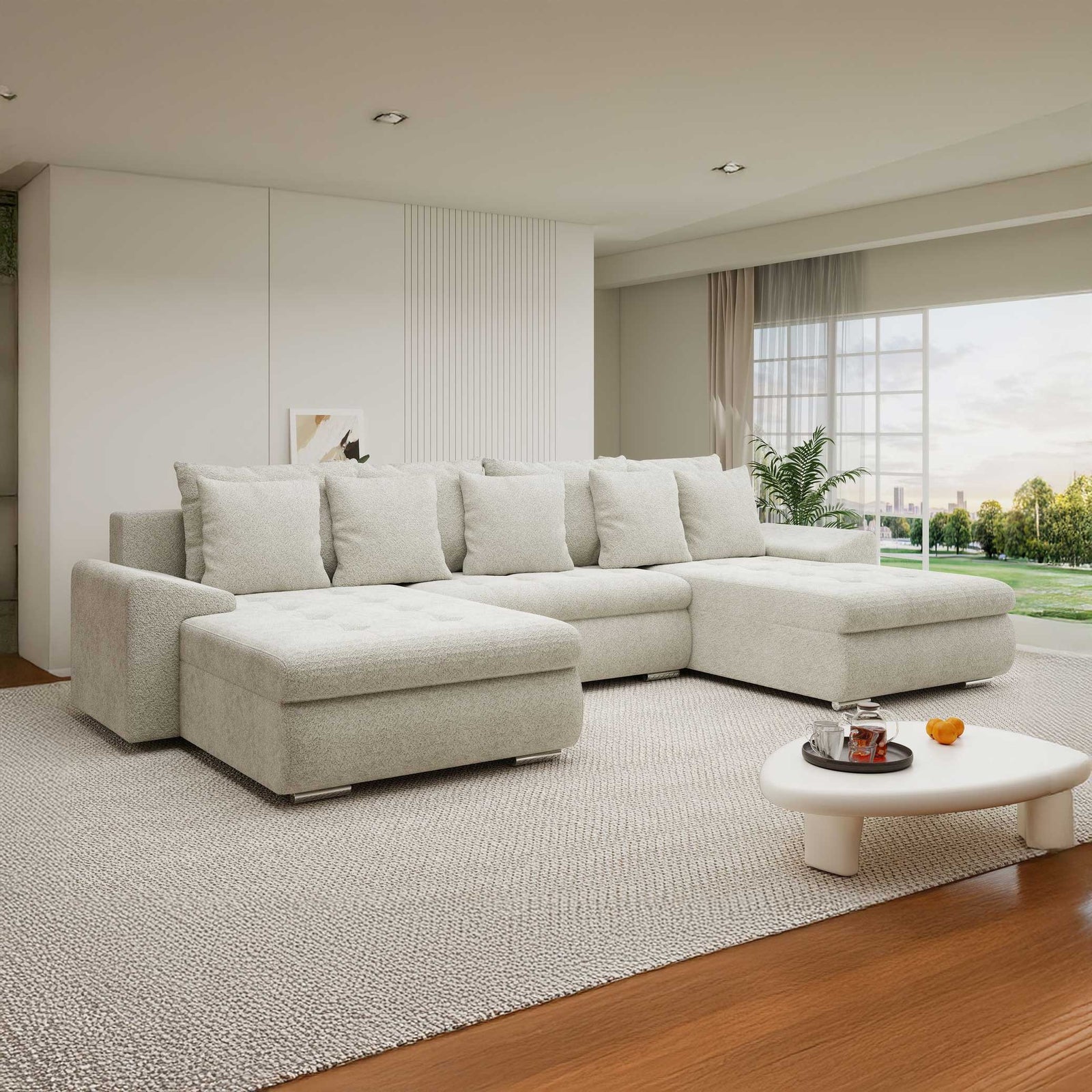 Colțar extensibil dumonde cu ladă de depozitare si sezut confortabil din spuma high-density, Leonardo U Arena Bej 20 360x185 cm
