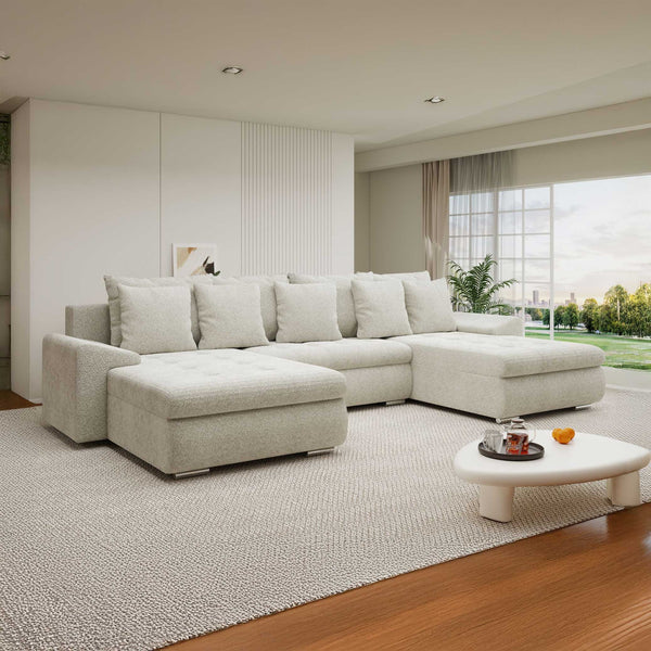 Colțar extensibil dumonde cu ladă de depozitare si sezut confortabil din spuma high-density, Leonardo U Arena Bej 20 360x185 cm