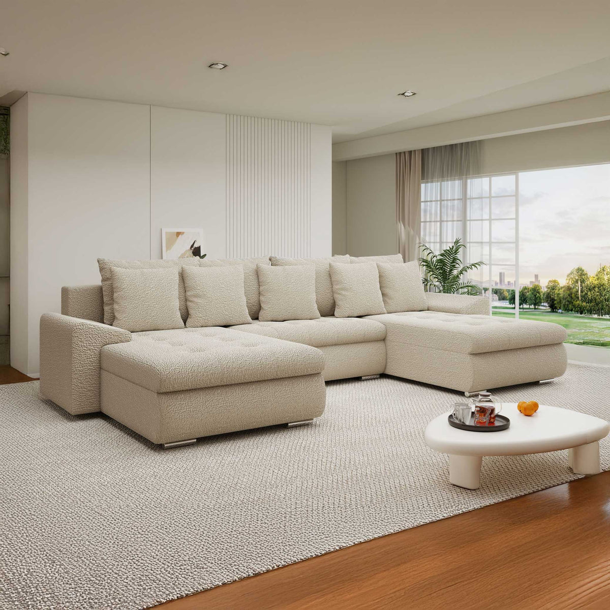 Colțar extensibil dumonde cu ladă de depozitare si sezut confortabil din spuma high-density, Leonardo U Jaguar Bej 04 360x185 cm