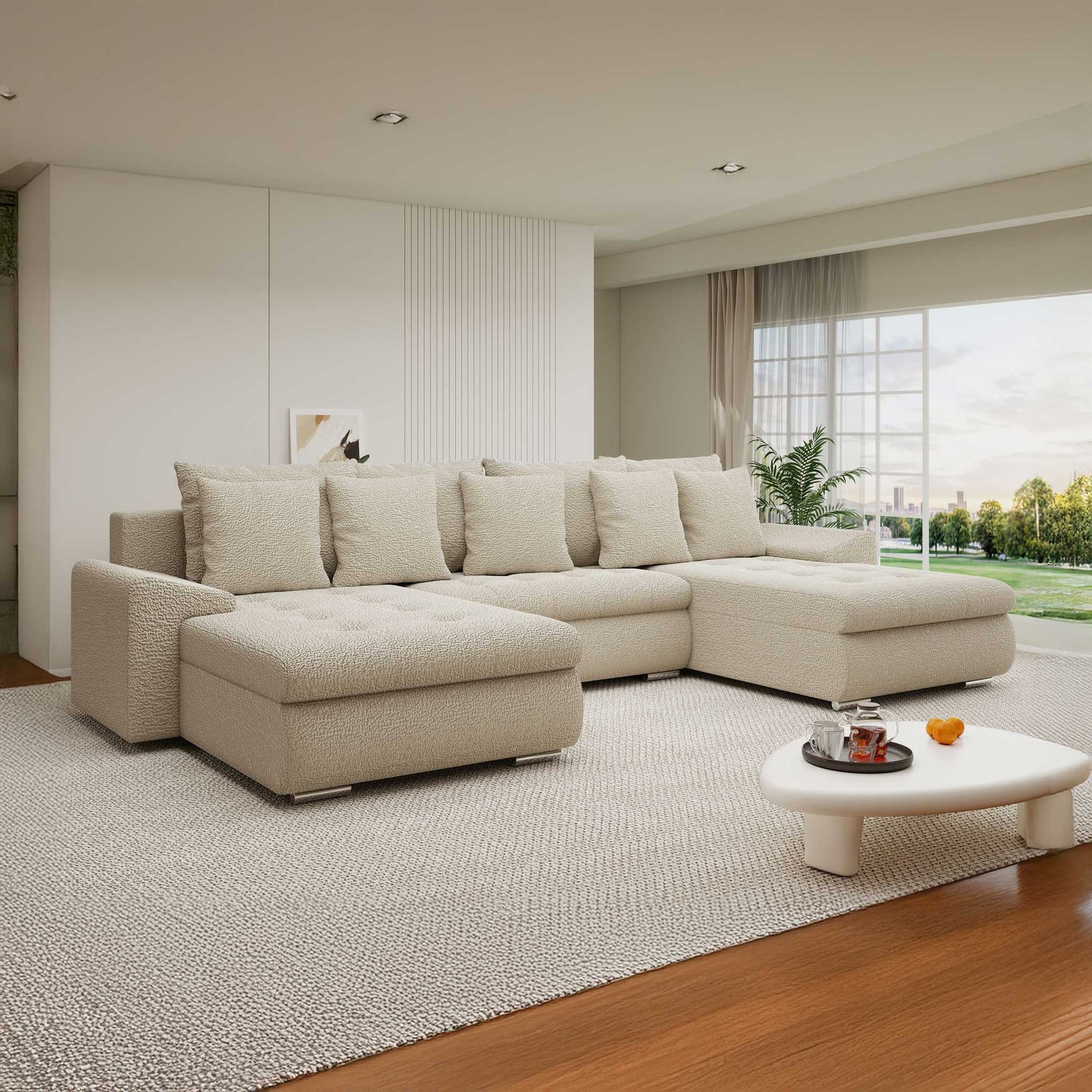 Colțar extensibil dumonde cu ladă de depozitare si sezut confortabil din spuma high-density, Leonardo U Jaguar Bej 04 360x185 cm