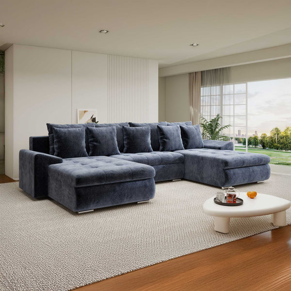 Colțar extensibil dumonde cu ladă de depozitare si sezut confortabil din spuma high-density, Leonardo U Cremona Albastru 79 360x185 cm