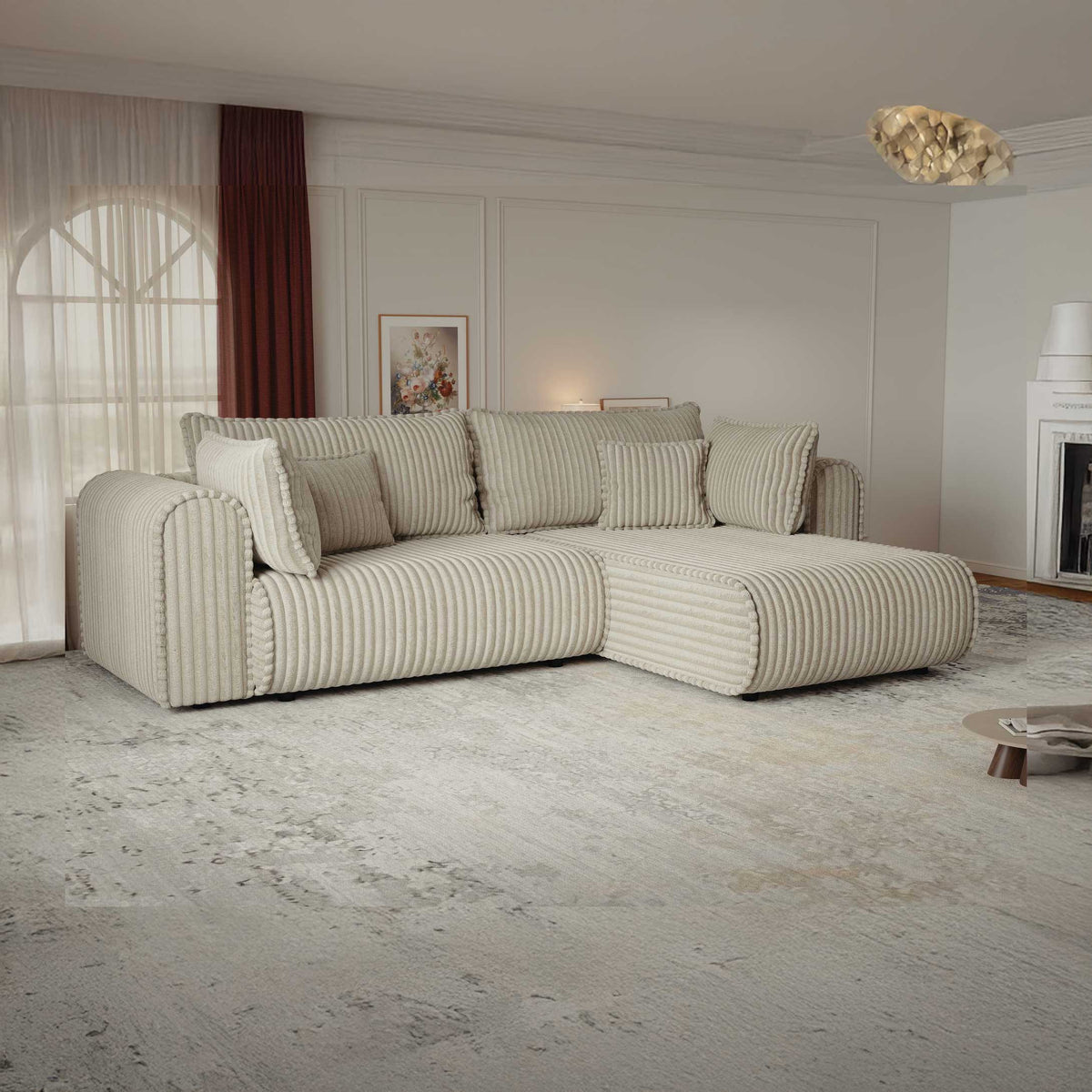 Colțar extensibil dumonde cu ladă de depozitare si sezut confortabil din spuma high-density, Monaco L Tilia Bej II 270x100 cm