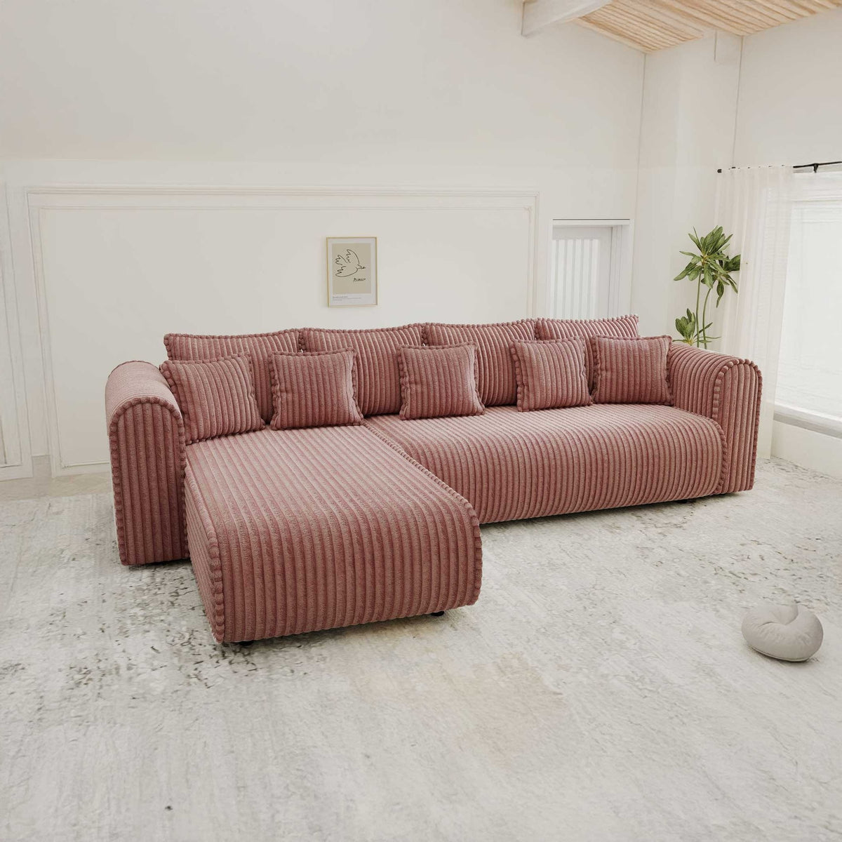 Colțar extensibil dumonde cu ladă de depozitare si sezut confortabil din spuma high-density, Monaco XL Tilia Roz 340x185 cm