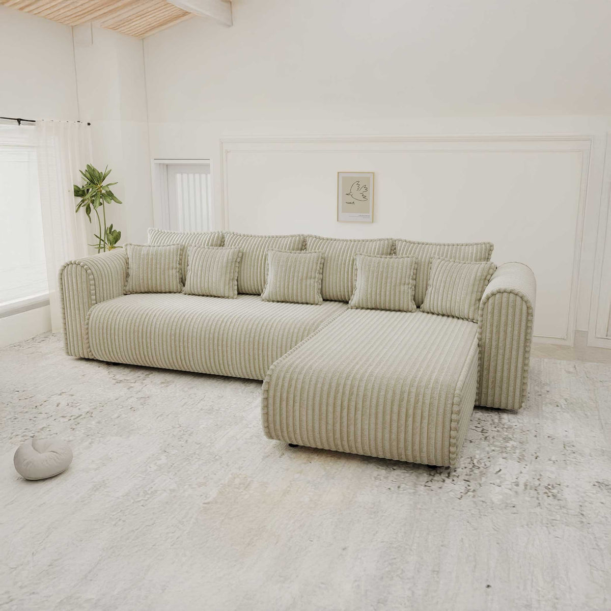 Colțar extensibil dumonde cu ladă de depozitare si sezut confortabil din spuma high-density, Monaco XL Tilia Bej II 340x185 cm