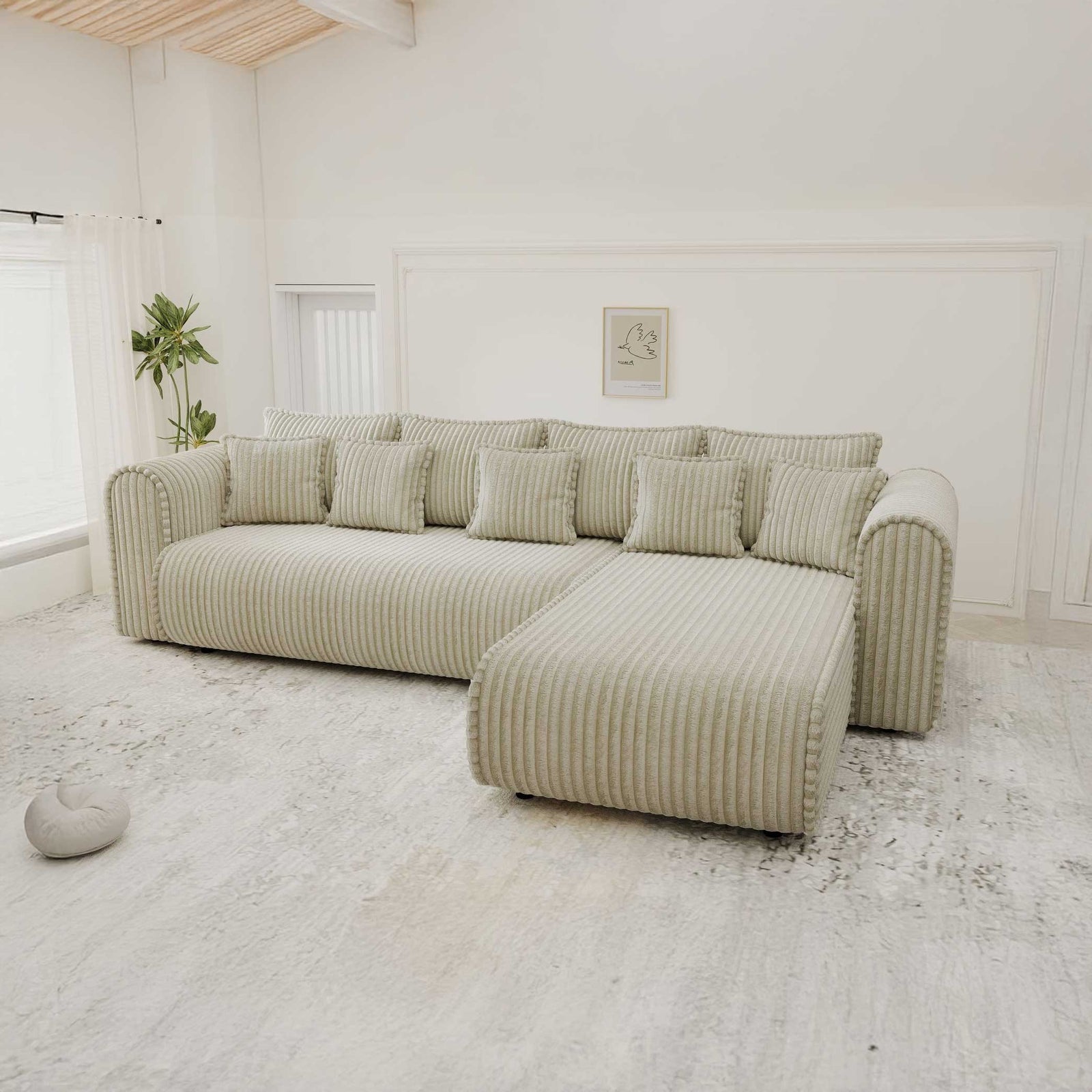 Colțar extensibil dumonde cu ladă de depozitare si sezut confortabil din spuma high-density, Monaco XL Tilia Bej II 340x185 cm